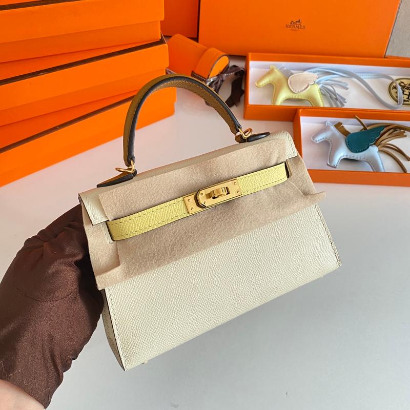 Hermes Kelly Mini Second Generation 22EP Milk Shake White with Chicken Yellow and Sesame Gold Button